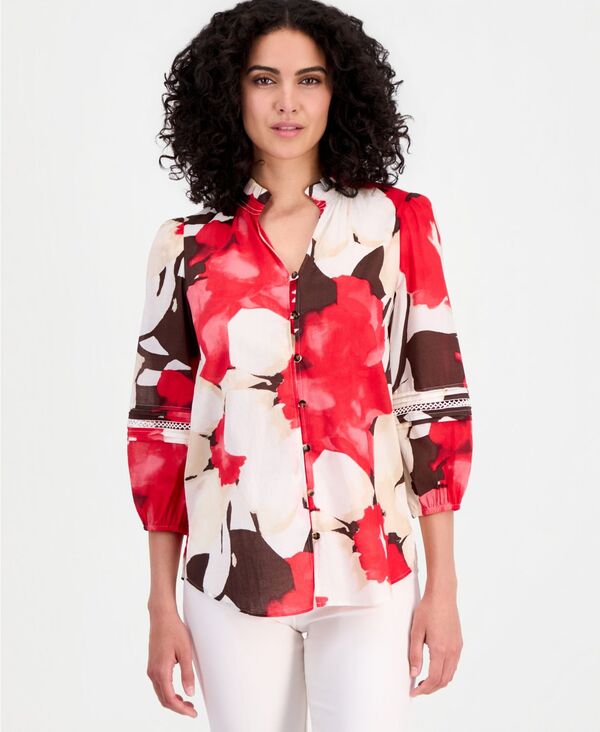 アンクライン レディース トップス シャツ フリル コットン ブラウス Anne Klein Women's Cotton Ruffled-Neck 3/4-Sleeve Blouse White Dove Multi ホワイト|ReVida 店