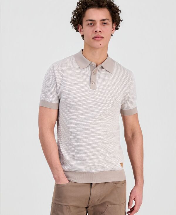 ゲス メンズ トップス スポーツシャツ 編み物 GUESS Men\u0027s Lake Bi-Color Knit Polo BICOLOR PIQUET JACQ VELVETAUPE SALT WHITE 白いこと