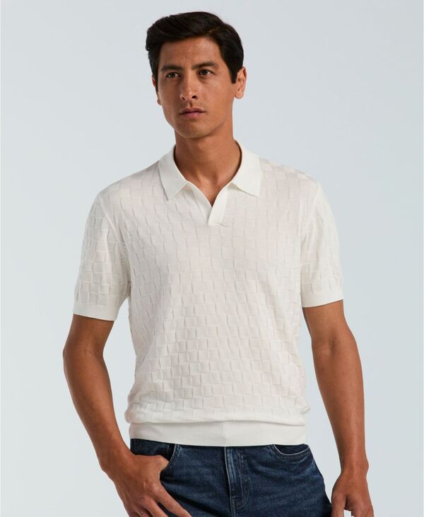 ペリーエリス メンズ アウター 編み物・スウェーター スポーツシャツ Perry Ellis Men\u0027s Checker Texture Open Polo Sweater White 白いこと