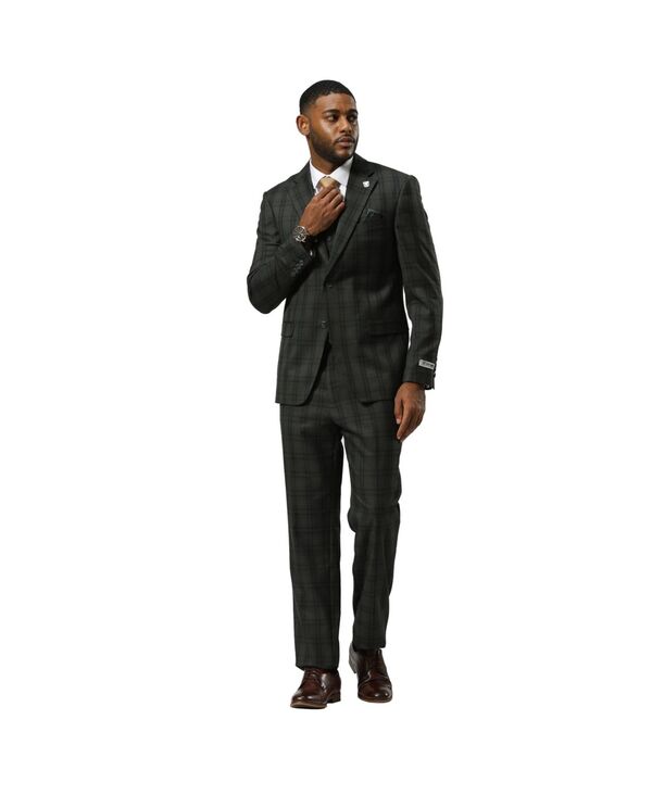 ステイシーアダムス メンズ アウター 上衣・上衣 ズボン下 トール より良い Stacy Adams Big \u0026 Tall Glen Plaid Hybrid-Fit 3pc Notch Lapel Suit Set Jacket Vest and Pants Green 緑であること