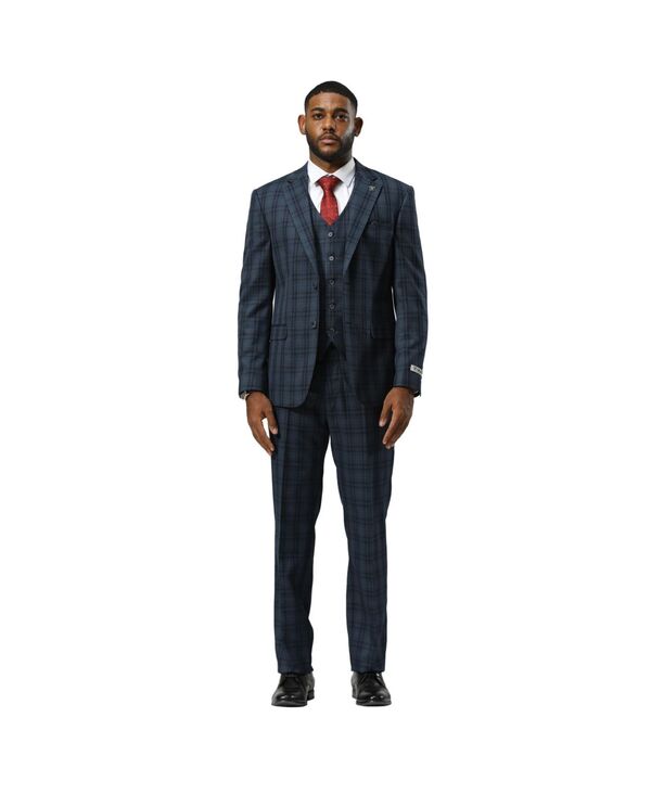 ステイシーアダムス メンズ アウター 上衣・上衣 ズボン下 トール より良い Stacy Adams Big \u0026 Tall Glen Plaid Hybrid-Fit 3pc Notch Lapel Suit Set Jacket Vest and Pants Navy blue 米国海軍