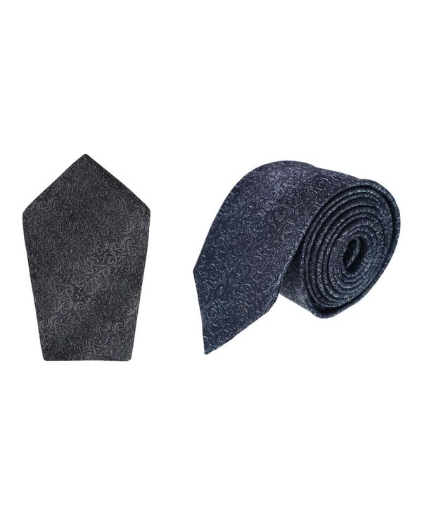 トラファルガー メンズ 付属品 タイ 地絹 Trafalgar Men\u0027s Esteban Scrolling Vinesilk Necktie and Pocket Square Bundle Silver and black 黒いこと
