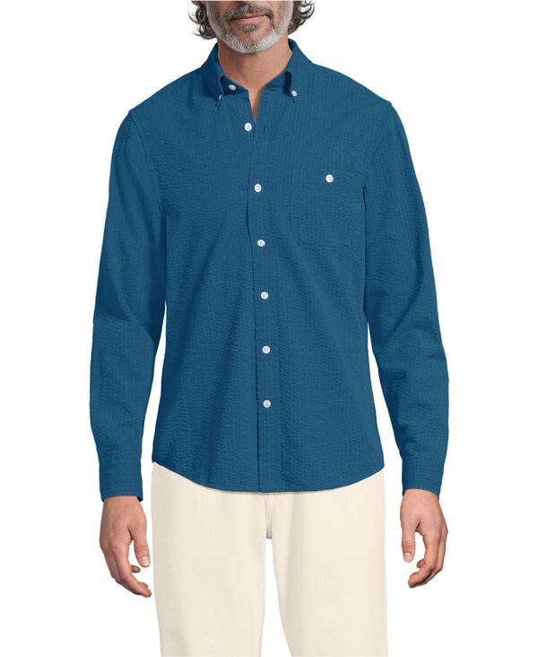 ランズ挙げ句の果て メンズ トップス プルオーバー Lands\u0027 End Men\u0027s Long Sleeve Seersucker Shirt Baltic teal ティール
