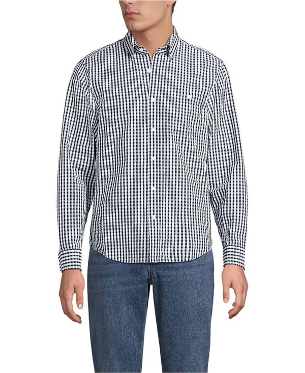 ランズ挙げ句の果て メンズ トップス プルオーバー Lands\u0027 End Men\u0027s Long Sleeve Seersucker Shirt Radiant navy/white gingham 白いこと