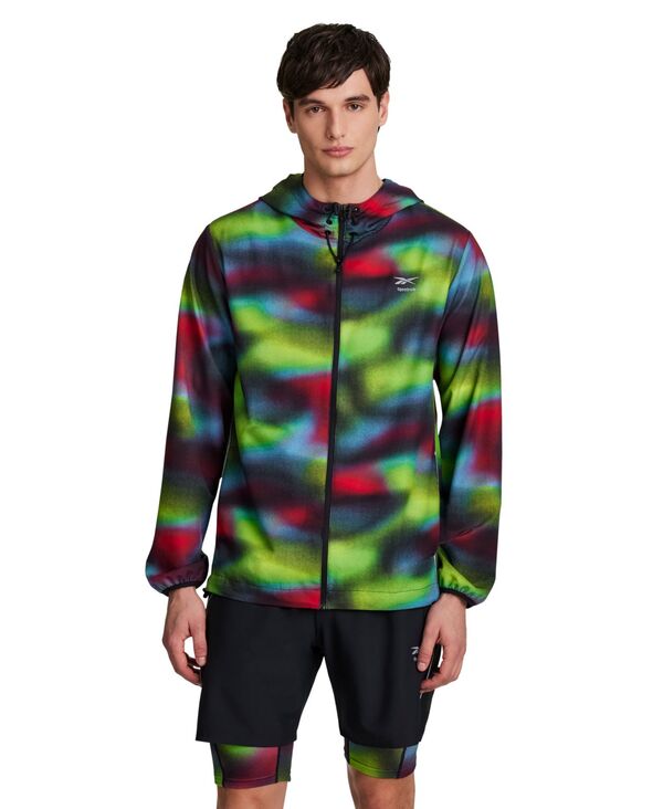 リーボック メンズ アウター 上衣・上衣 刷り上げる Reebok Men\u0027s Run Distort All Over Print Jacket Green/Red/Blue 青碧