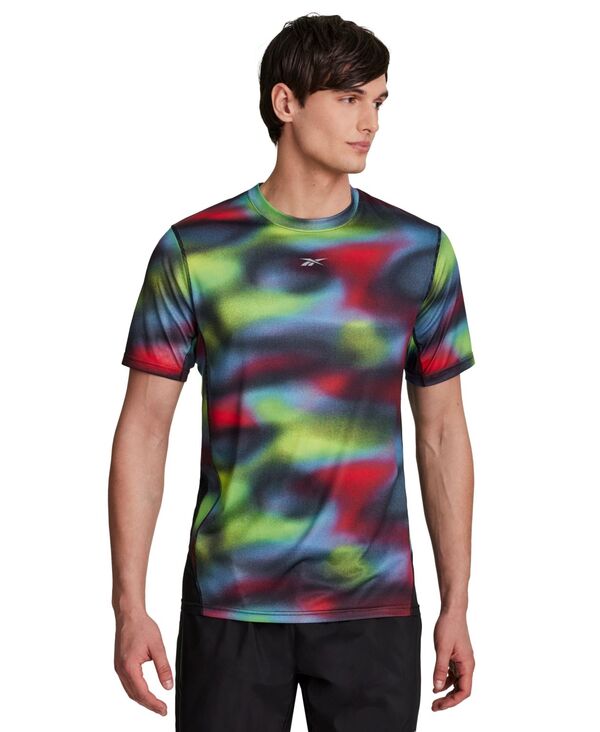リーボック メンズ トップス ティーシャツ 労働者の一団のど首 刷り上げる Reebok Men\u0027s Run Distort All Over Print Speed Crewneck T-Shirt Multi/Black 黒いこと