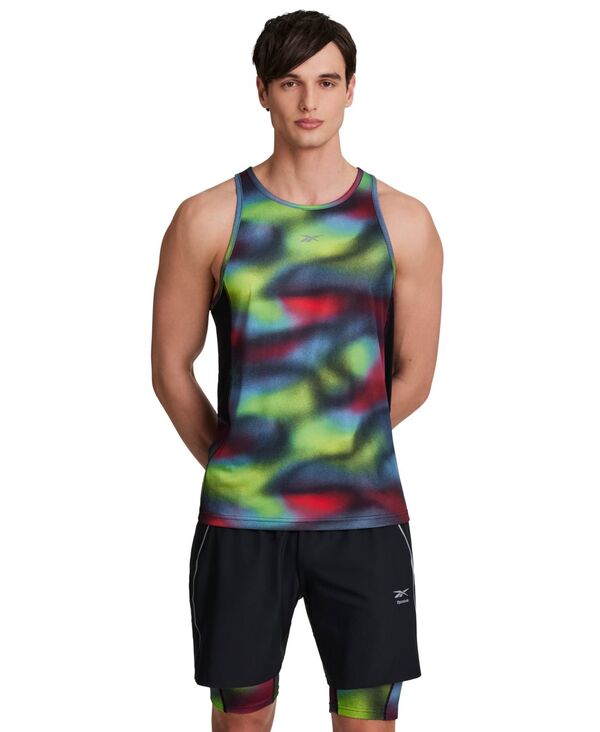 リーボック メンズ トップス ティーシャツ ノースリーブ Reebok Men\u0027s Run Distort Speed Singlet Sleeveless Tank Top T-shirt Multi/Black 黒いこと