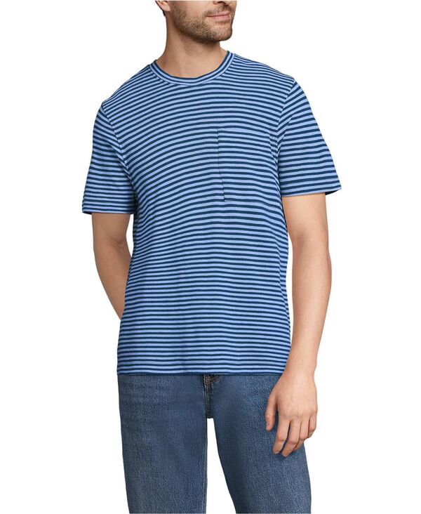 ランズエンド メンズ トップス Tシャツ コットン リネン Lands' End Men'short Sleeve Cotton Linen Tee Baltic teal/blue stripe ブルー|ReVida 店