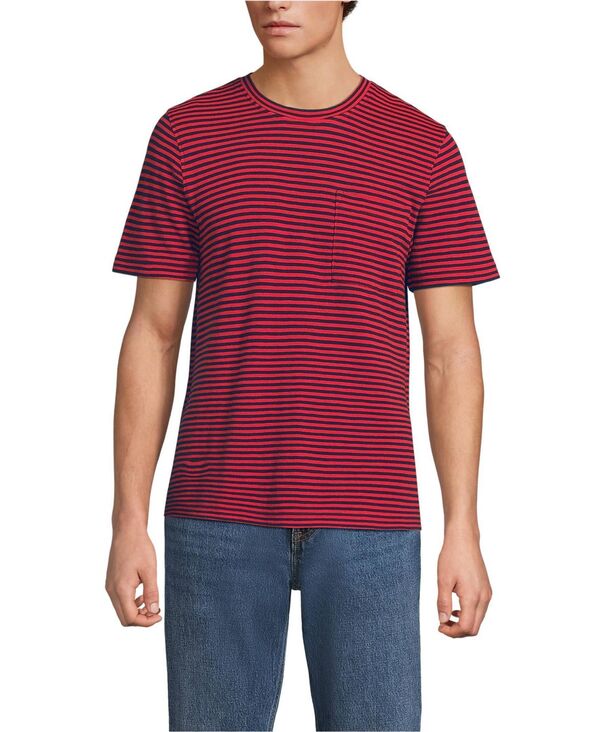 ランズエンド メンズ トップス Tシャツ コットン リネン Lands' End Men'short Sleeve Cotton Linen Tee Red/radiant navy stripe ネイビー｜ReVida 店
