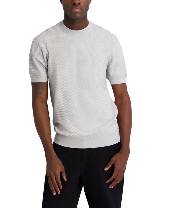 長い巻き毛 ラガーフェルド メンズ トップス プルオーバー 労働者の一団のど首 半袖 KARLAGERFELD PARIS Men\u0027s Textured Short-Sleeve Fitted Crewneck Shirt LT GREY 薄墨色