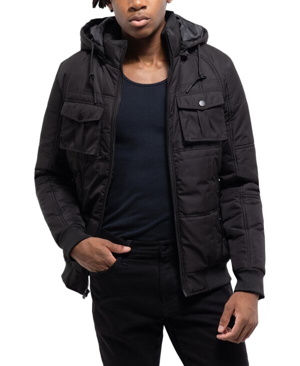 エックス花の冠 メンズ アウター 上衣・上衣 XRAY Men\u0027s Hooded Puffer Jacket With Patchest Pockets Black 黒いこと