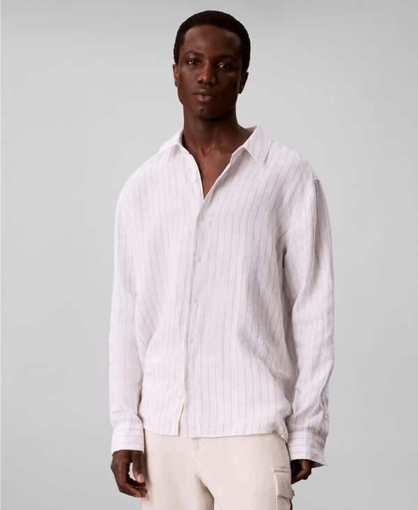 カルバンクライン メンズ トップス プルオーバー リネン Calvin Klein Men\u0027s Yarn-Dyed Pinstripe Linen Classic Shirt Brilliant White 白いこと