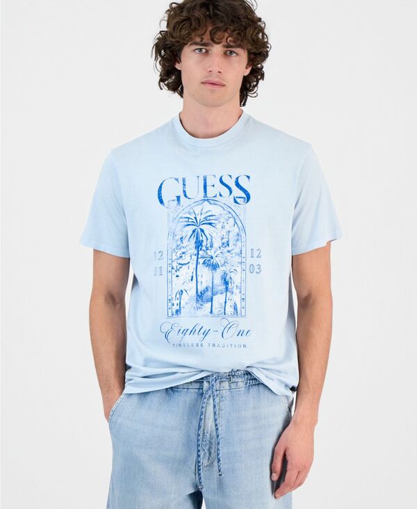 ゲス メンズ トップス ティーシャツ 労働者の一団のど首 綿織物 グラフィック GUESS Men\u0027s Coastal City Cotton Graphicrewneck T-Shirt AERIAL BLUE MULTI 青碧