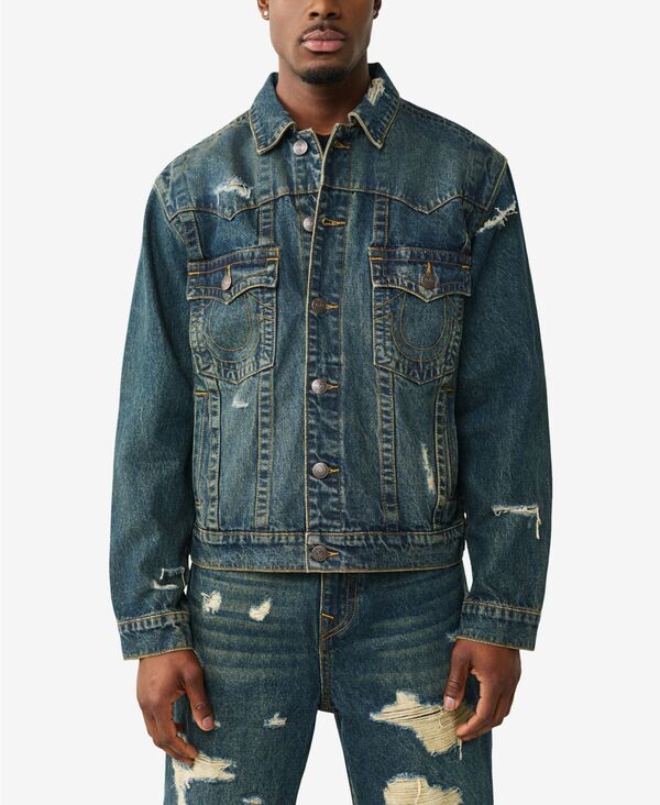 トゥルーレリジョン メンズ アウター 上衣・上衣 True Religion Men\u0027s Collaredestroyed Oversized Jacket Rustedenim Dark Wash ジーンズ