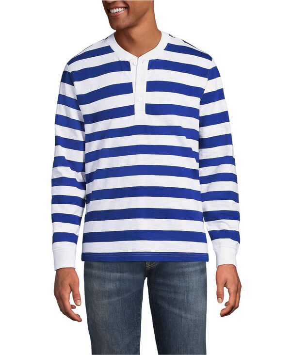 ランズ挙げ句の果て メンズ トップス ティーシャツ Lands\u0027 End Men\u0027s Long Sleeve Slub Henley Cobalt/white stripe 白いこと