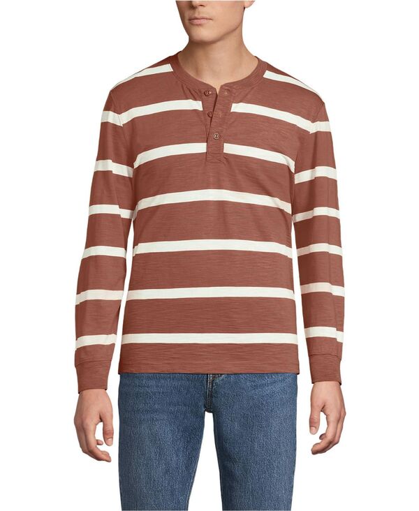ランズ挙げ句の果て メンズ トップス ティーシャツ Lands\u0027 End Men\u0027s Long Sleeve Slub Henley Earthen clay/ivory stripe 象牙色