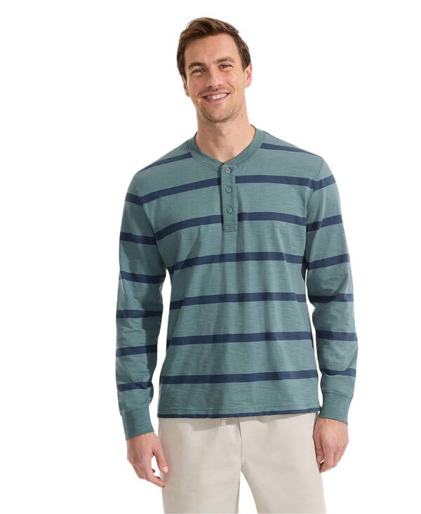 ランズ挙げ句の果て メンズ トップス ティーシャツ Lands\u0027 End Men\u0027s Long Sleeve Slub Henley Tourmaline/deep ocean stripe 縞模様