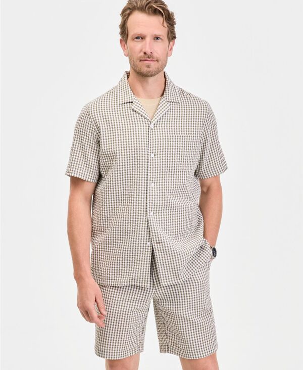 野球クラブお部屋 メンズ トップス プルオーバー Club Roomen\u0027short Sleeve Striped Seersucker Button-Front Camp Shirt Pair Plaid - Olive Tint オリーブ