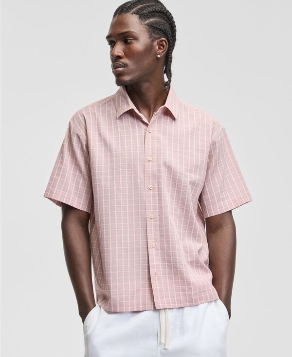 サンストーン メンズ トップス プルオーバー Sun + Stone Men\u0027s Relaxed Crop Nolan Plaid Shirt Pale Mauve Combo 照合のしるし