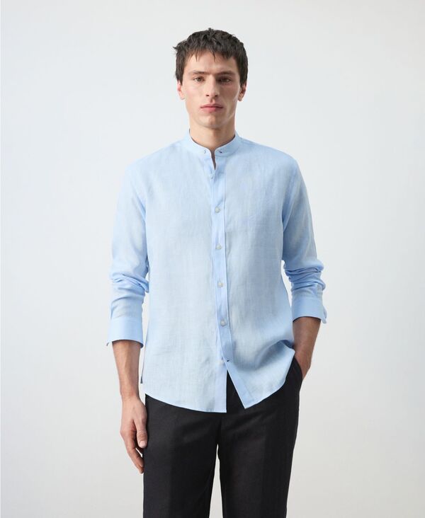 マンゴ メンズ トップス シャツ MANGO Men's Mao Collar Shirt Sky Blue ブルー|ReVida 店