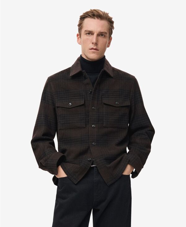 マンゴ メンズ トップス プルオーバー 羊毛 MANGO Men\u0027s Check Wool-Blend Overshirt Brown 赤銅色