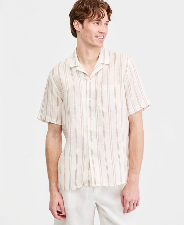 クラブルーム メンズ トップス シャツ 半袖 リネン Club Roomen's Textured Stripe Linen Short-Sleeve Shirt Linen Stripe - Winter Ivory アイボリー|ReVida 店