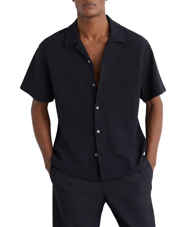 レイス メンズ トップス プルオーバー REISS Men\u0027s Cedric Textured Cuban-Collar Shirt Navy 米国海軍