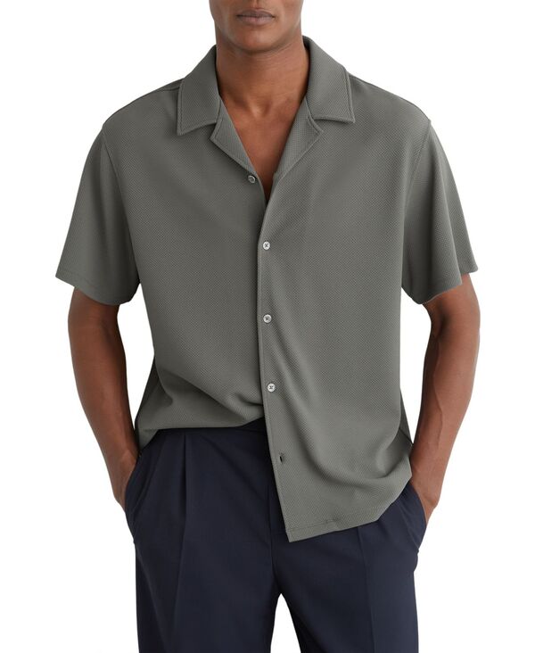 レイス メンズ トップス プルオーバー REISS Men\u0027s Cedric Textured Cuban-Collar Shirt Sage Green 緑であること