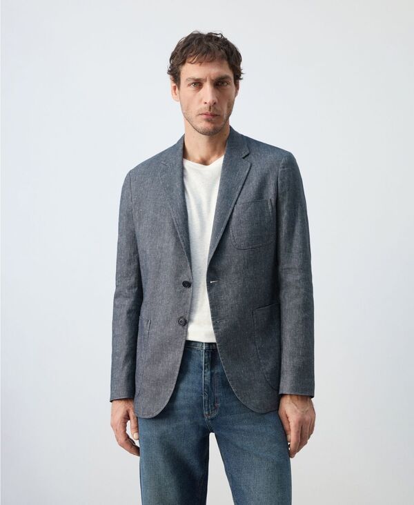 マンゴ メンズ アウター 上衣・上衣 か細い相応う 綿織物 スポーツジャケット リネン MANGO Men\u0027slim Fit Linen Cotton-Blend Blazer Indigo Blue インディゴ