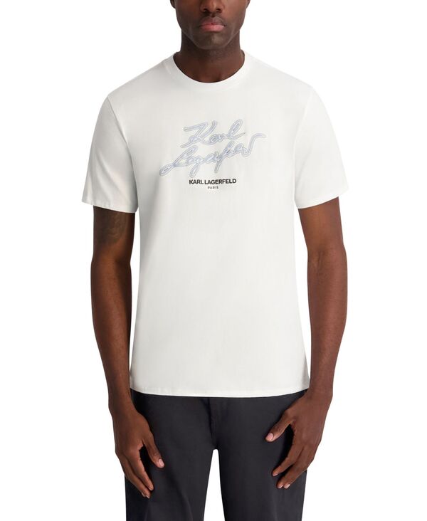 長い巻き毛 ラガーフェルド メンズ トップス プルオーバー 半袖 刺しゅう KARLAGERFELD PARIS Men\u0027s Regular-Fit Short-Sleevembroidered T-Shirt White 白いこと