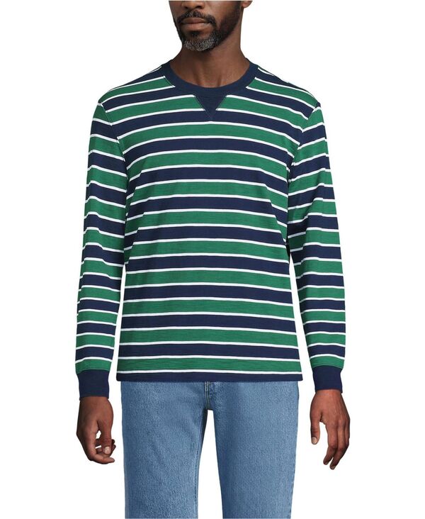 ランズ挙げ句のはて メンズ トップス ティーシャツ Lands\u0027 End Men\u0027s Long Sleeve Slub Crew Radiant navy/green stripe 米国海軍