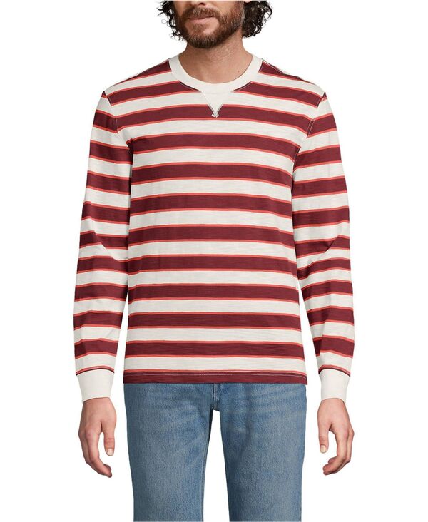 ランズ挙げ句のはて メンズ トップス ティーシャツ Lands\u0027 End Men\u0027s Long Sleeve Slub Crew Rosewood/ivory stripe 象牙色