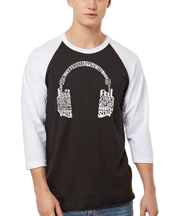 エルエーポップアート メンズ トップス プルオーバー 天使の都市 Pop Art Men\u0027s Headphones Word Art Raglan-Sleeve T-Shirt Black/White 白いこと