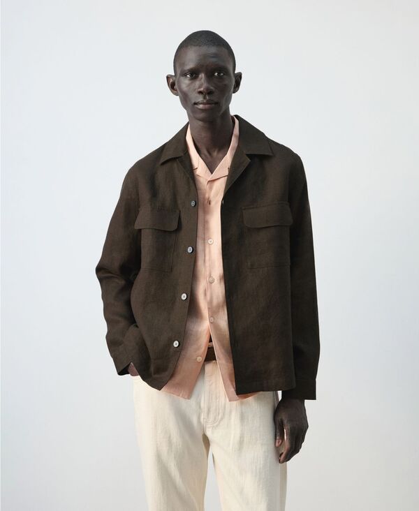 マンゴ メンズ トップス プルオーバー MANGO Men\u0027s Bowling Collar Overshirt Chocolate 黒茶