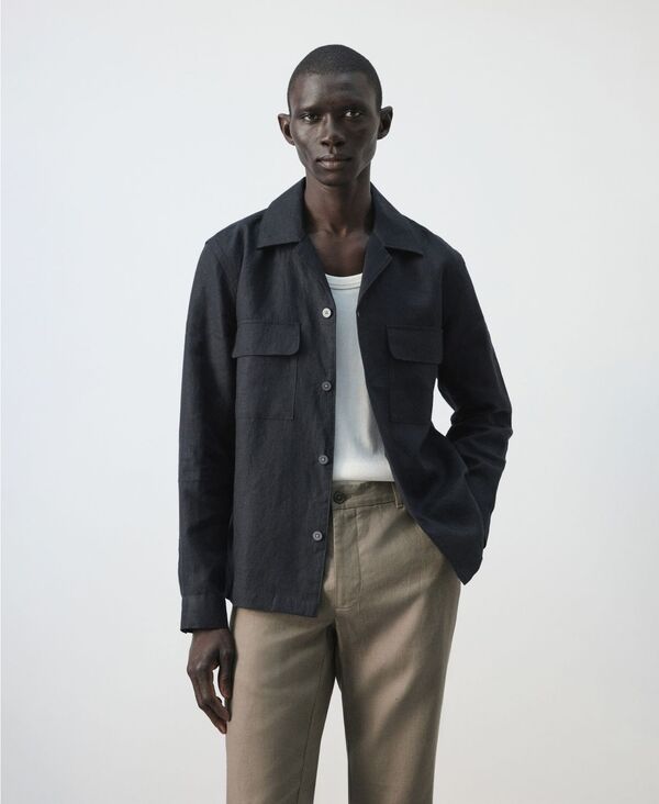 マンゴ メンズ トップス プルオーバー MANGO Men\u0027s Bowling Collar Overshirt Navy 米国海軍