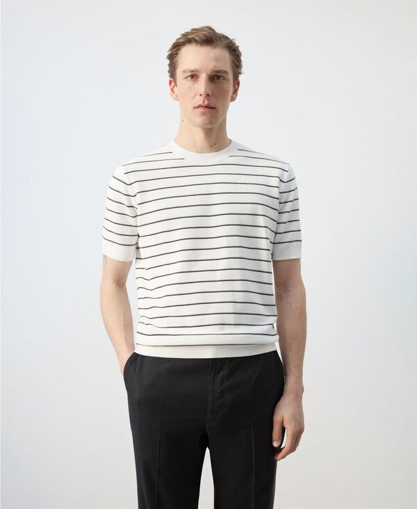 マンゴ メンズ トップス Tシャツ コットン ニット MANGO Men\'striped Knit Cotton T-Shirt Off White オフホワイト｜ReVida 店