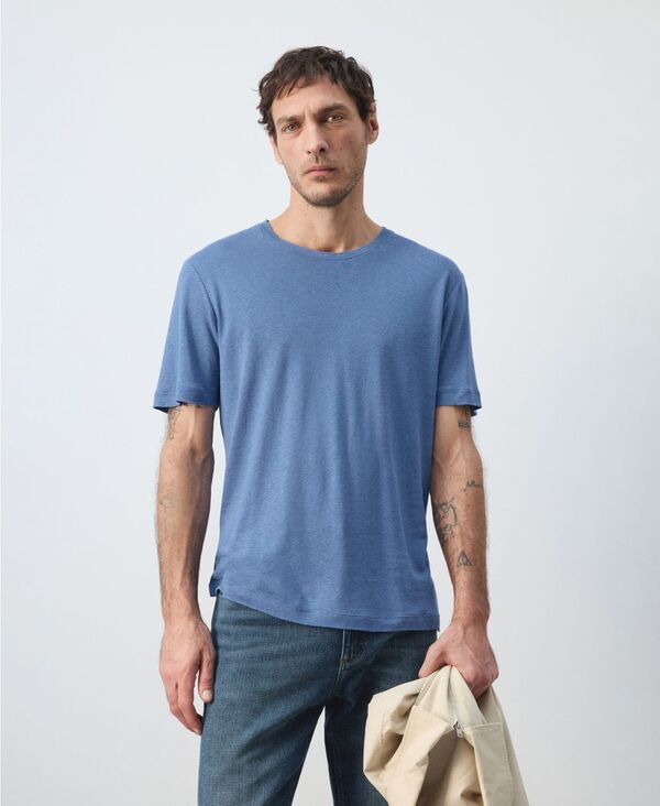 マンゴ メンズ トップス Tシャツ リネン MANGO Men\'s Linen Slim-Fit-Shirt China Blue ブルー｜ReVida 店
