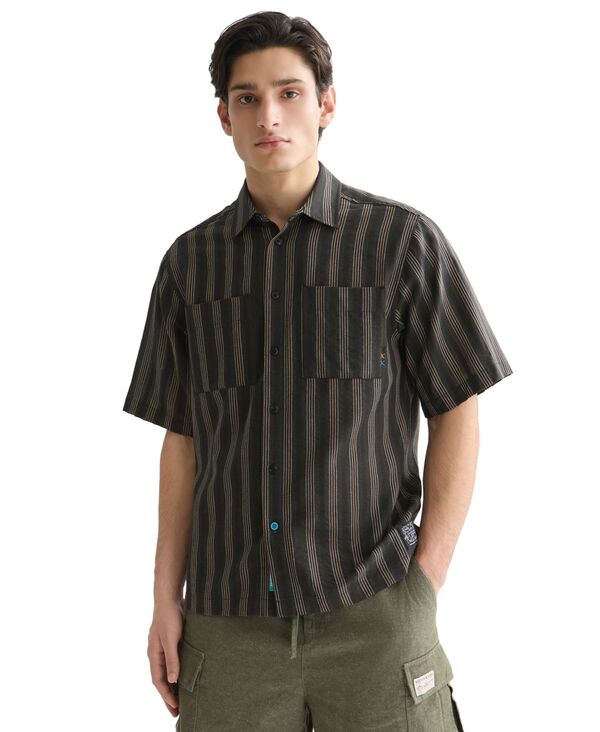 スコッチアンドソーダ メンズ トップス プルオーバー 半袖 綿織物 SCOTCH \u0026 SODA Men\u0027striped Short-Sleeve Cotton Shirt Black 黒いこと