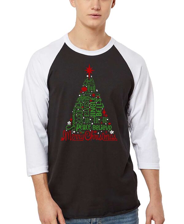 エルエーポップアート メンズ トップス プルオーバー 天使の都市 Pop Art Men\u0027s Holiday Christmas Tree Word Art Raglan-Sleeve T-Shirt Black/White 白いこと