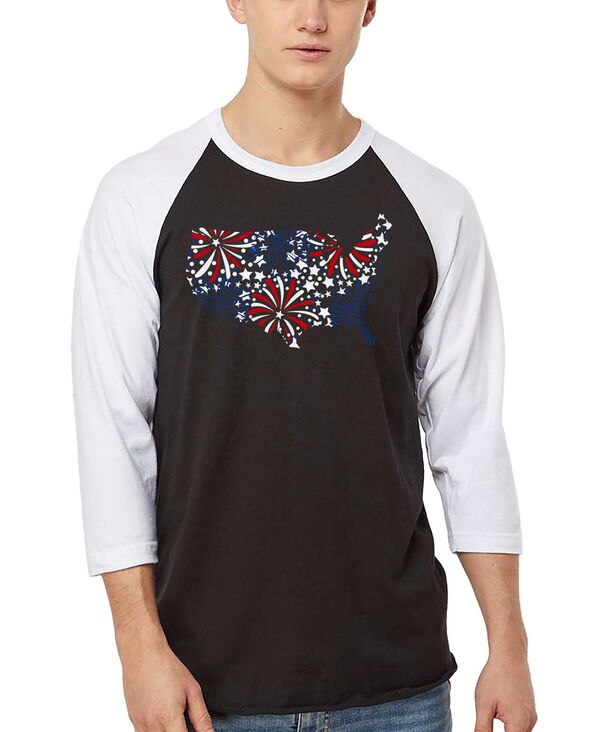 エルエーポップアート メンズ トップス プルオーバー 天使の都市 Pop Art Men\u0027s USA Fireworks and Stars Word Art Raglan-Sleeve T-Shirt Black/White 白いこと