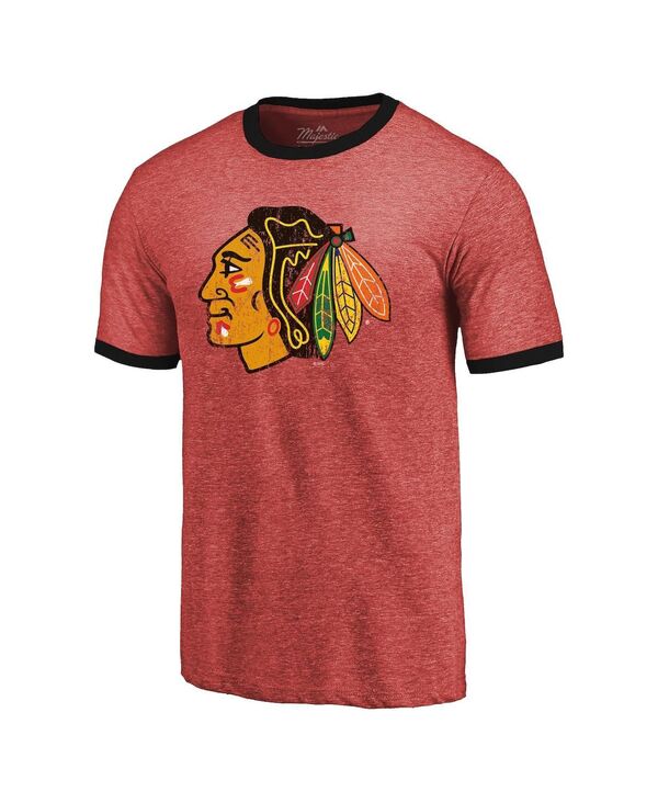 マジェスティック メンズ トップス ティーシャツ 対比 Majestic Men\u0027s Threads Heathered Chicago Blackhawks Ringer Contrastri-Blend T-shirt Heathered 赤いこと