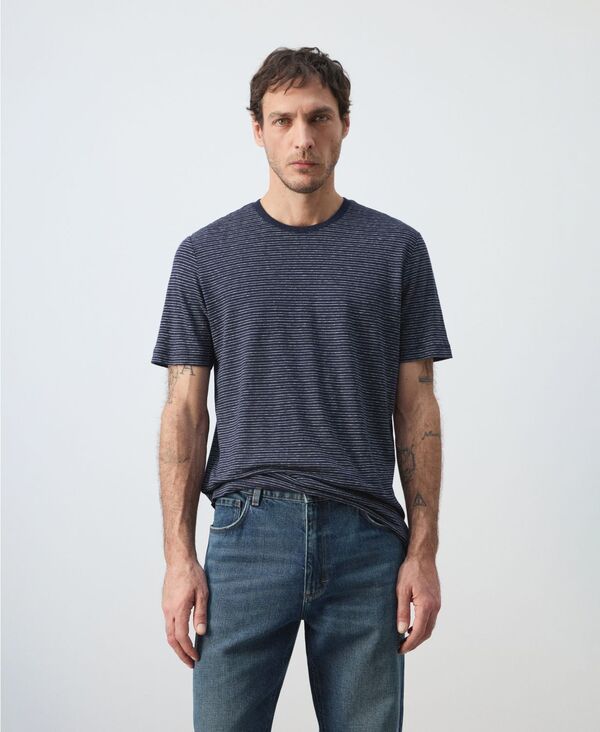 マンゴ メンズ トップス Tシャツ リネン MANGO Men\'striped Slim-Fit Linen T-Shirt Ink Blue ブルー｜ReVida 店