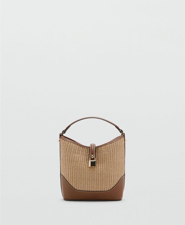 マンゴ レディース 御徒面子 対比 MANGO Women\u0027s Contrasting Canvas Bucket Bag Leather