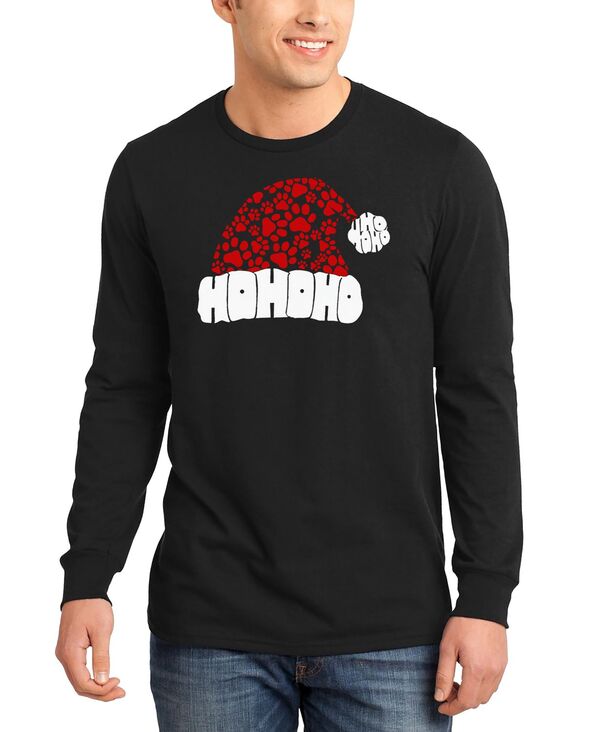 エルエーポップアート メンズ トップス ティーシャツ 刷り上げる 長袖 天使の都市 Pop Art Men\u0027santa Hat Paw Print Word Art Long-Sleeve T-Shirt Black 黒いこと