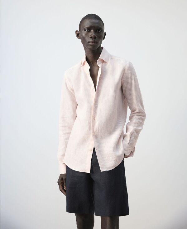 マンゴ メンズ トップス シャツ MANGO Men'striped Slim-Fit Shirt Peach ピーチ｜ReVida 店