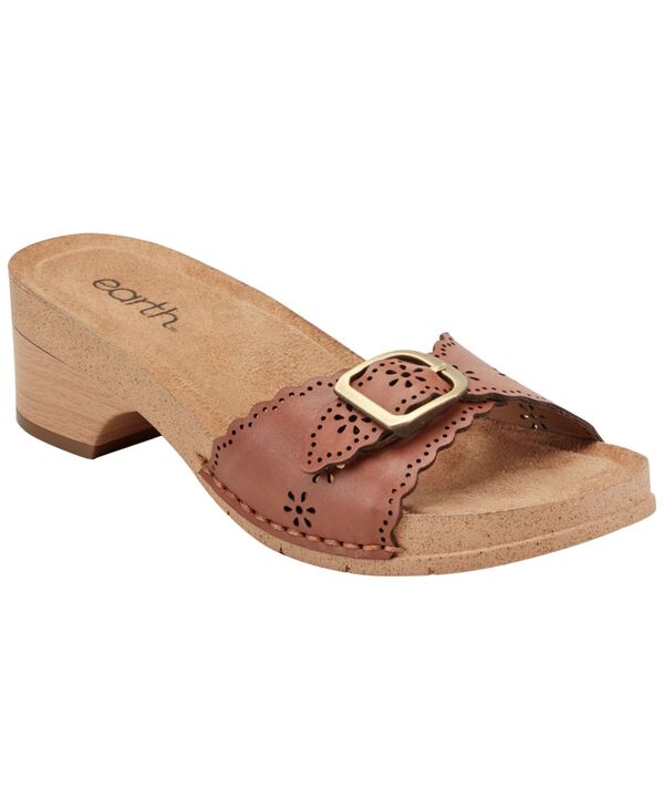 地びた レディース シューズ サンダル なめし革 踵 Earth Women\u0027s Haisly Leather Buckle Band Block Heel Sandals Cognac Leather