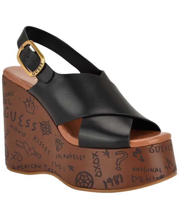 ゲス レディース シューズ サンダル プラットホーム ロゴタイプ GUESS Women\u0027s Yariselogo-Embossed High Platform Wedge Sandals Black 黒いこと