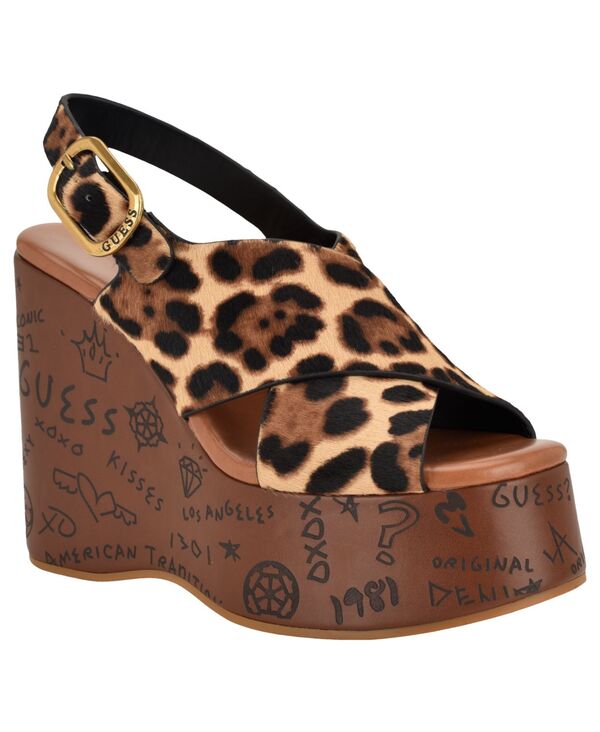 ゲス レディース シューズ サンダル プラットホーム ロゴタイプ GUESS Women\u0027s Yariselogo-Embossed High Platform Wedge Sandals Leopard Calf Hair 毛の荒物
