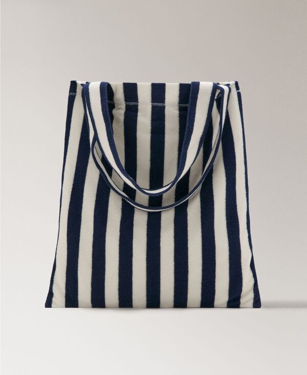 マンゴ レディース 御徒面子 パイル 綿織物 MANGO Women\u0027striped Terry Cotton Tote Bag Blue 青色