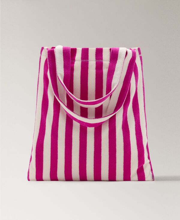 マンゴ レディース 御徒面子 パイル 綿織物 MANGO Women\u0027striped Terry Cotton Tote Bag Fuchsia フューシャ